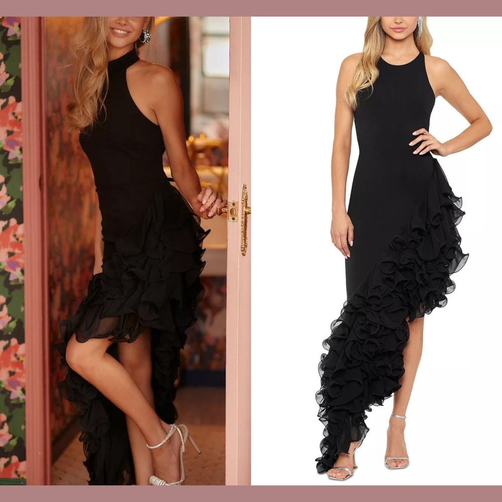 NEW $340 Betsy &‎ Adam [ 10 ] Ruffle Detail Asymmetric Body-Con Ponte Gown Black